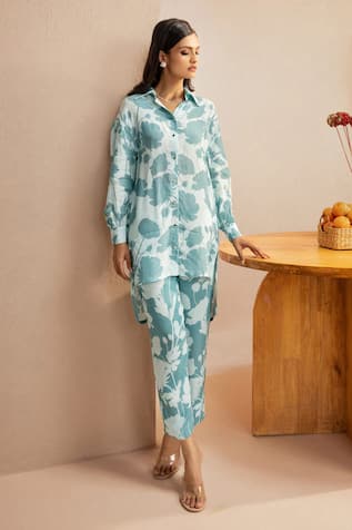 Dohr India Floral Print Button Down Top With Pant 