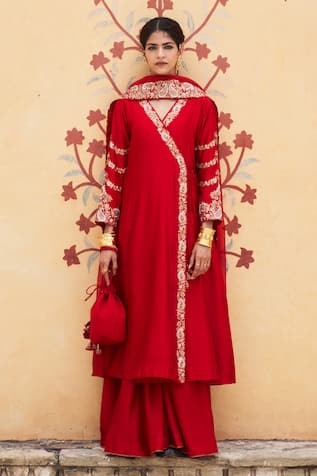 Pink City by Sarika Kairi Thread Embroidered Angarkha & Sharara Set 