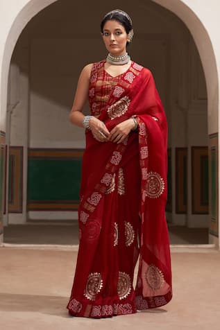 Pink City by Sarika Mandala Embroidered Red Saree With Unstitched Blouse Piece 