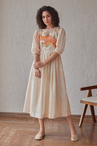 Khamaj India Marina Hand Embroidered Yoke Midi Dress 