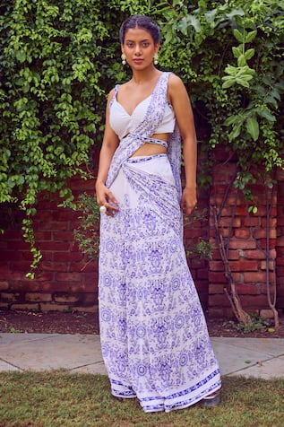 Jade By Ashima Periwinkle Petals Printed Pre-Draped Saree With Blouse 