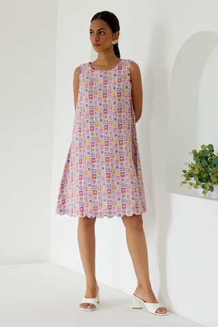 Sage Saga Antalya Linen Printed Shift Dress 