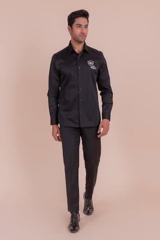 Black Zari Embroidered Motif Shirt For Kids