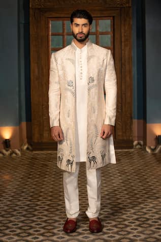 Design O Stitch Floral Applique Sherwani Jacket Pant Set 