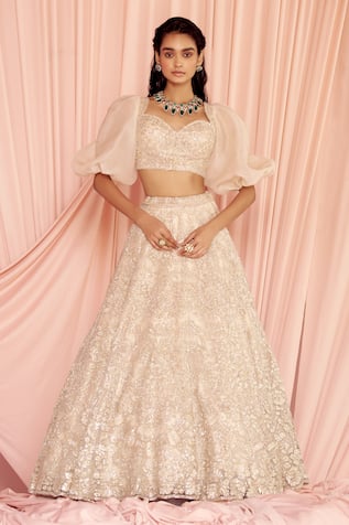 Pankaj & Nidhi 
Thea Encrusted Lehenga With Puff Sleeve Blouse 