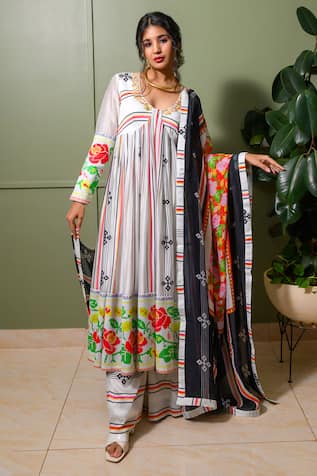 PRACHI KAMAT French Striped Blossom Print Anarkali Set 