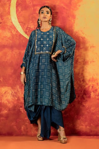 PRAHNAAYA Sitara Ajrakh Hand Blocked Kurta With Draped Skirt 