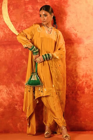 PRAHNAAYA Luna Sequin Embroidered Asymmetric Kurta & Dhoti Pant Set 