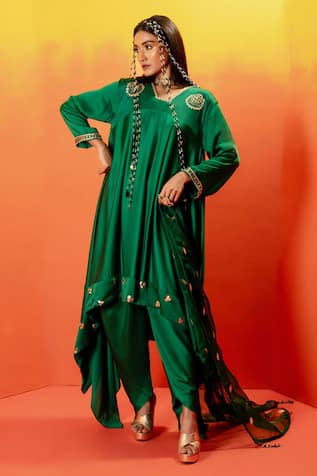 PRAHNAAYA Luna Embroidered Asymmetric Kurta & Dhoti Pant Set 