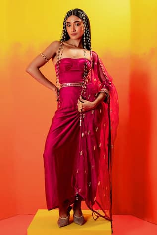 PRAHNAAYA Gota Embroidered Draped Skirt & Corset Set 