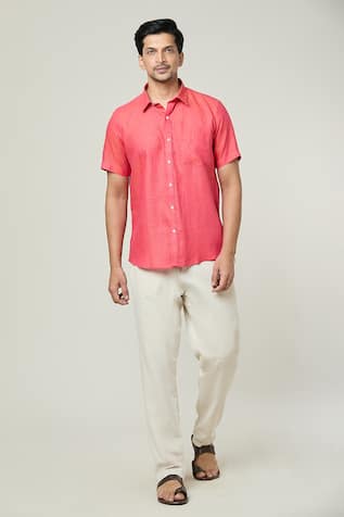 Arihant Rai Sinha Solid Half Sleeves Pocket Detail Linen Shirt 