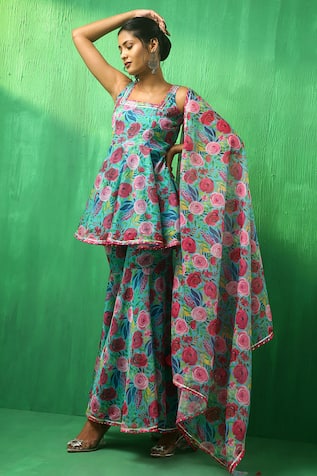 Pomcha Jaipur Floral Pattern Kurta Sharara Set 