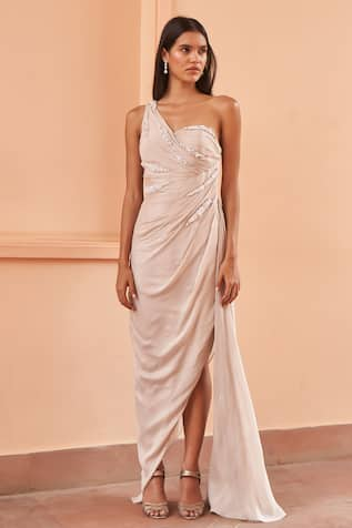 AMRTA by GUNEET KONDAL Pearl Embroidered Draped Slit Gown 