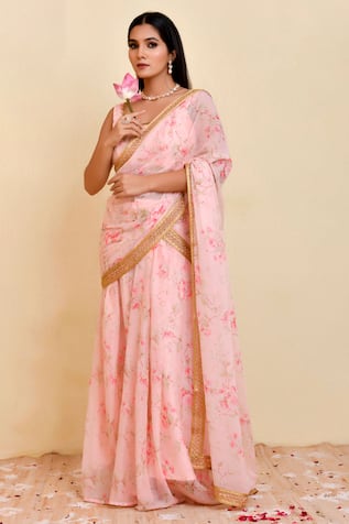 Bannhi Printed Pre-Draped Saree With Plunge Back Blouse 