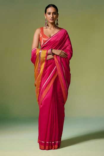 Dressfolk Handwoven Pink Chanderi Saree with Running Blouse 