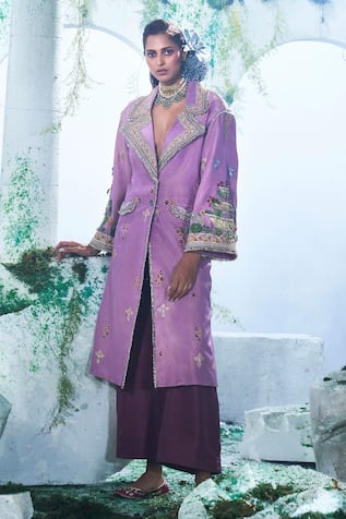 Label Ankush Jain Fountain Embroidered Trench Coat & Flared Pant Set 