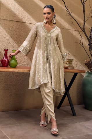 Mustard Moon by Neyha and Vrinda Chanderi Silk Embroidered Kurta & Tulip Pant Set 