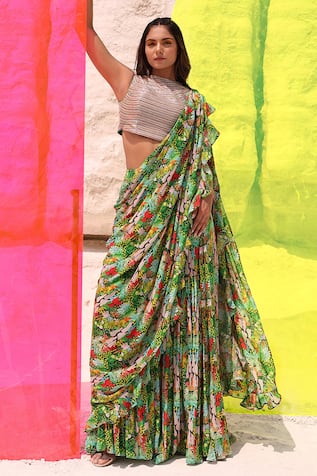 MEHER BY ISLIE Farm Rio Printed Draped Sharara Saree With Blouse 