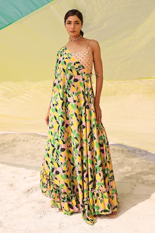 MEHER BY ISLIE Lemon Zest Print Drape Palazzo Set 