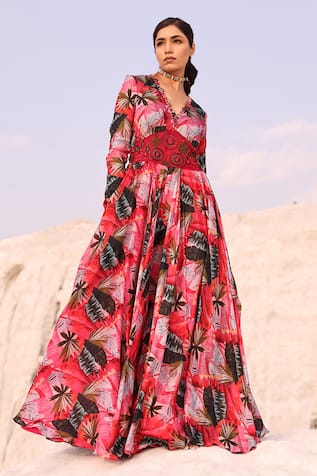 MEHER BY ISLIE Maple Leaf Print Corset Gown 