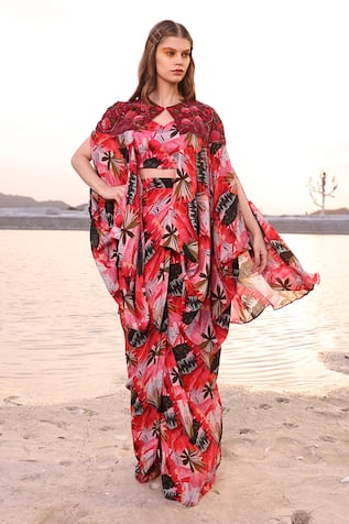 MEHER BY ISLIE Maple Leaf Print Cape Draped Skirt Set 