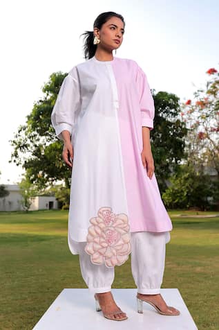 Meher By Islie Jewelled Botanical Bloom Color Block Kurta With Pant 