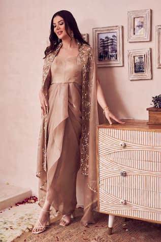 Swish By Dolcy And Simran Old Bloom Embroidered Cape With Waterfall Drape Gown 