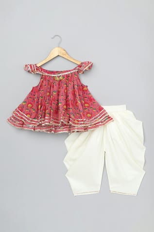 Floral Gota Embroidered Flared Kurta With Dhoti Pant 