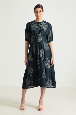 Arcvsh by Pallavi Singh Floral Hand Block Print Midi Dress 