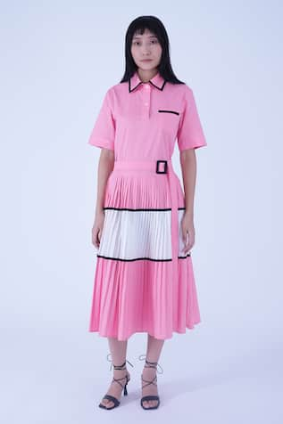 Leh Studios Church Colorblocked Pleated Flare Dress With Belt 