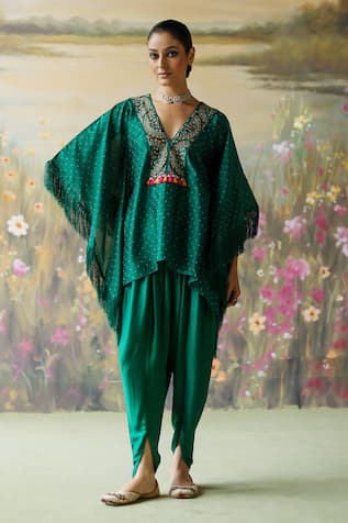 Shikha Mehta Navi Embroidered Fringe Short Kaftan & Cowl Pant Set 