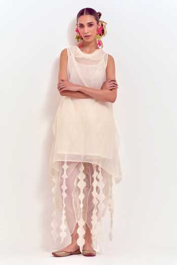 Shikha Malik Cowl Neck Sheer Kurta With Cutwork Dhoti Pant 