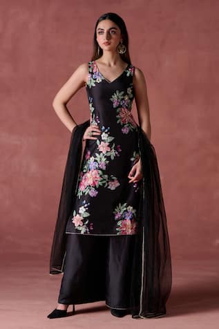 LASHKARAA Blossom Print Embellished Kurta Palazzo Set 