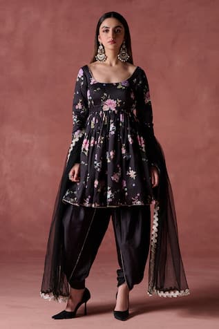 LASHKARAA Gul Print Embellished Kurta Tulip Pant Set 