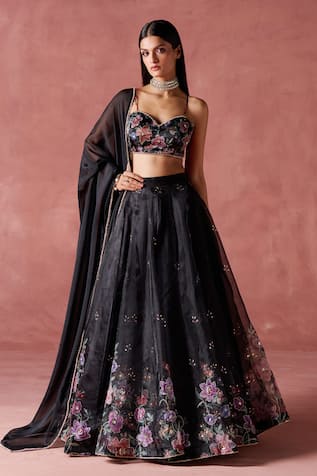 LASHKARAA Night Garden Print & Embellished Lehenga Set 