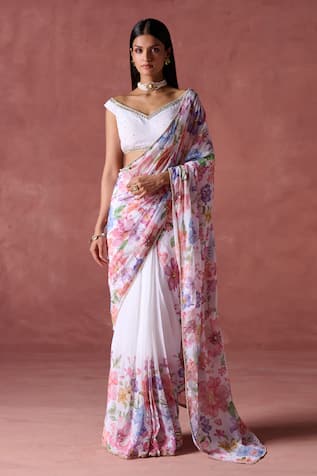 LASHKARAA Gulmohar Print & Embellished Saree With Blouse 