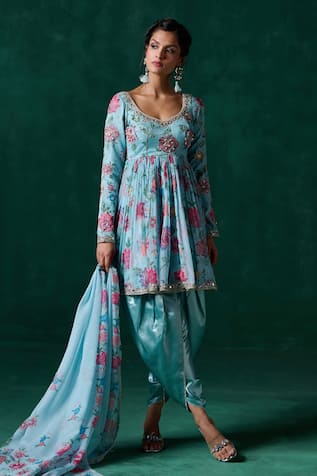 LASHKARAA Floral Print Peplum Kurta & Dhoti Pant Set 