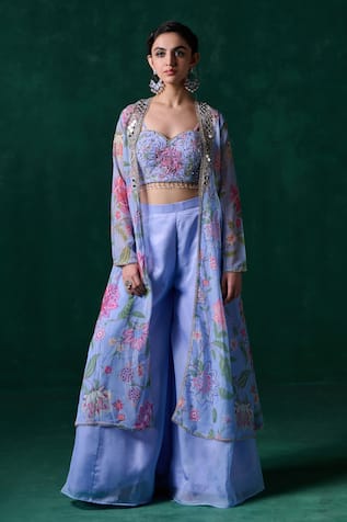 LASHKARAA Floral Zari Embroidered Jacket & Flared Pant Set 