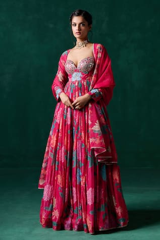 LASHKARAA Zari Embroidered Floral Anarkali With Dupatta 