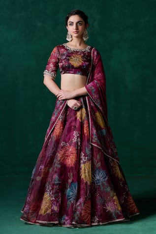 LASHKARAA Floral Mirror Embroidered Kalidar Lehenga Set 