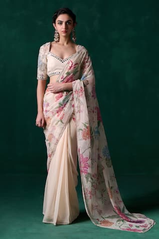 LASHKARAA Floral Zari Embroidered Saree With Blouse 