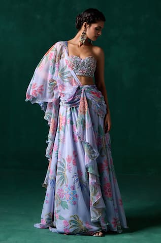 LASHKARAA Floral Print Pre-Draped Saree With Bustier 