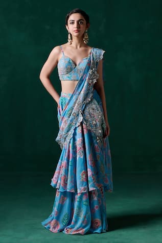 LASHKARAA Floral Embroidered Ruffle Pre-Draped Saree With Blouse 