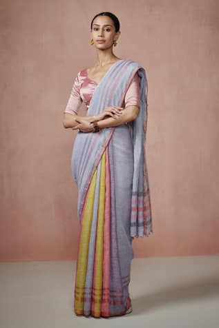 Dressfolk Multi Color Striped Linen Saree with Running Blouse 