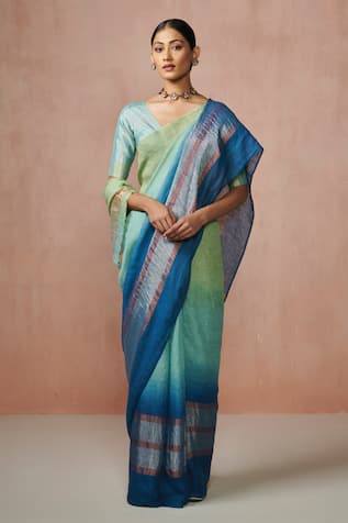 Dressfolk Blue & Green Ombre Linen Saree with Running Blouse 