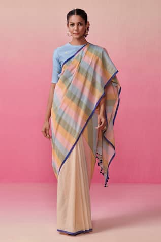 Dressfolk Multi Color Striped Saree with Running Blouse 