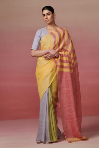 Dressfolk Multicolored Handwoven Linen Saree with Running Blouse 