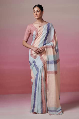 Dressfolk Handwoven Stripe Pattern Saree with Running Blouse 