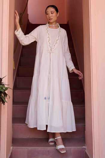 OurDve Beige Embroidered Dress & Jacket Set 