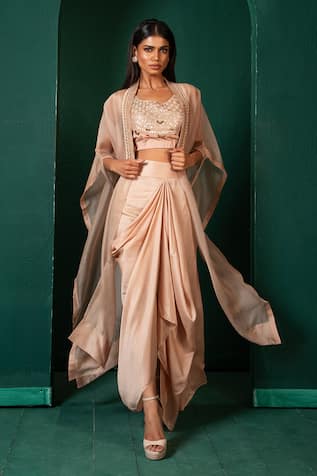 Oshi By Shikha Marori Embroidered Slit Cape & Draped Skirt Set 